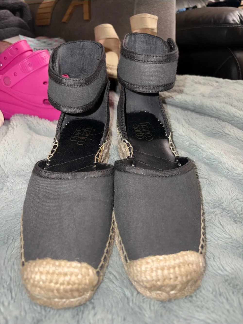 Frye Black Espadrille Ankle-Strap Flats with Natural Jute Toe